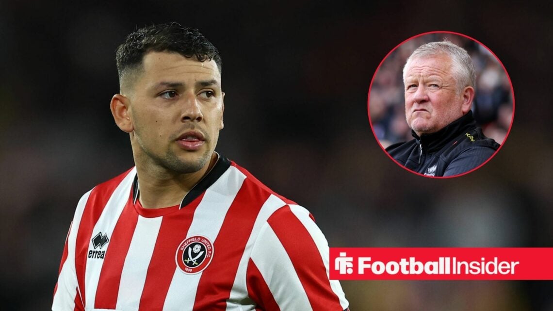Gustavo Hamer in action for Sheffield United with Chris Wilder in a circular inset