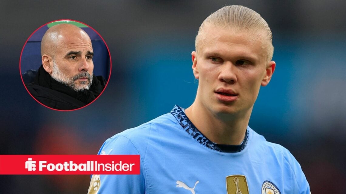 Erling Haaland next to Pep Guardiola in a circular inset