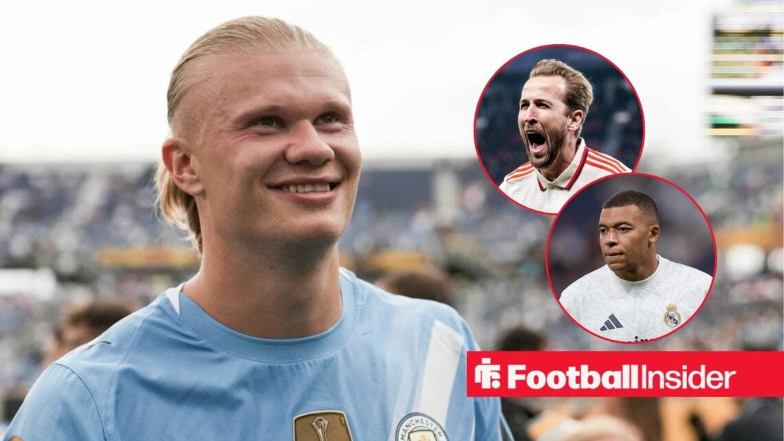 Erling Haaland next to circular insets of Harry Kane and Kylian Mbappe
