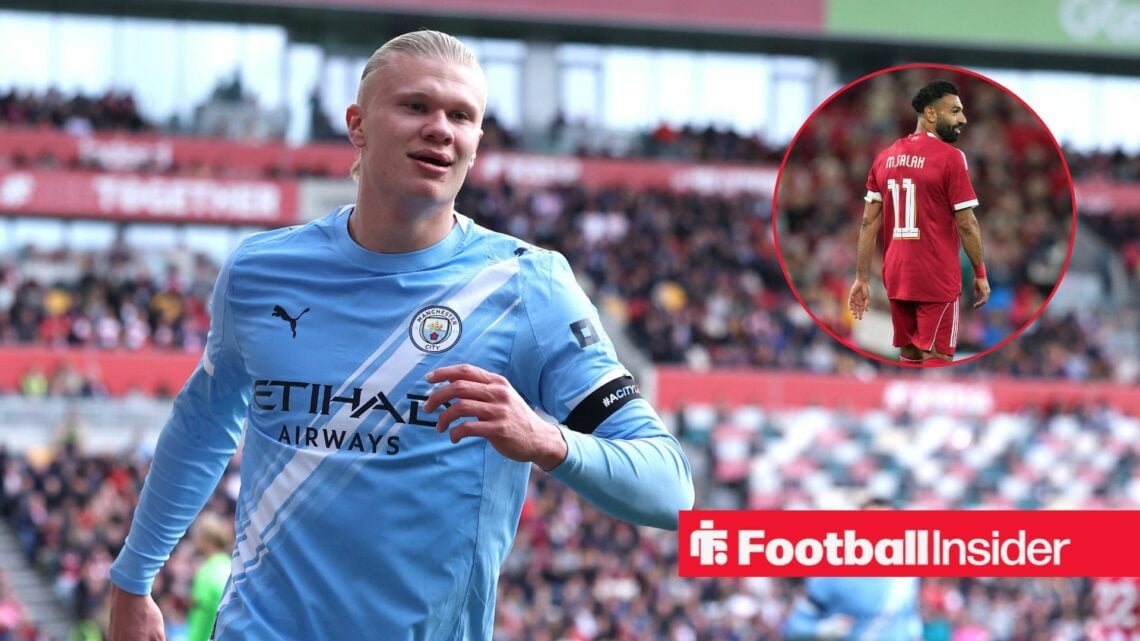 Manchester City striker Erling Haaland with Liverpool's Mohamed Salah inset
