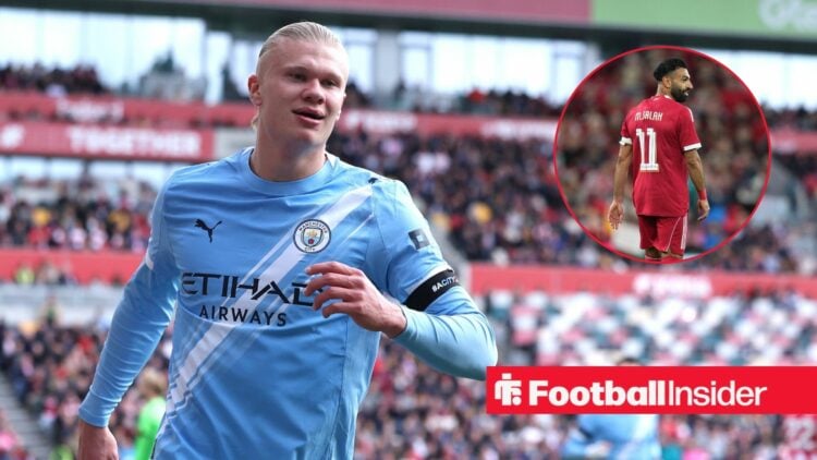 Manchester City striker Erling Haaland with Liverpool's Mohamed Salah inset