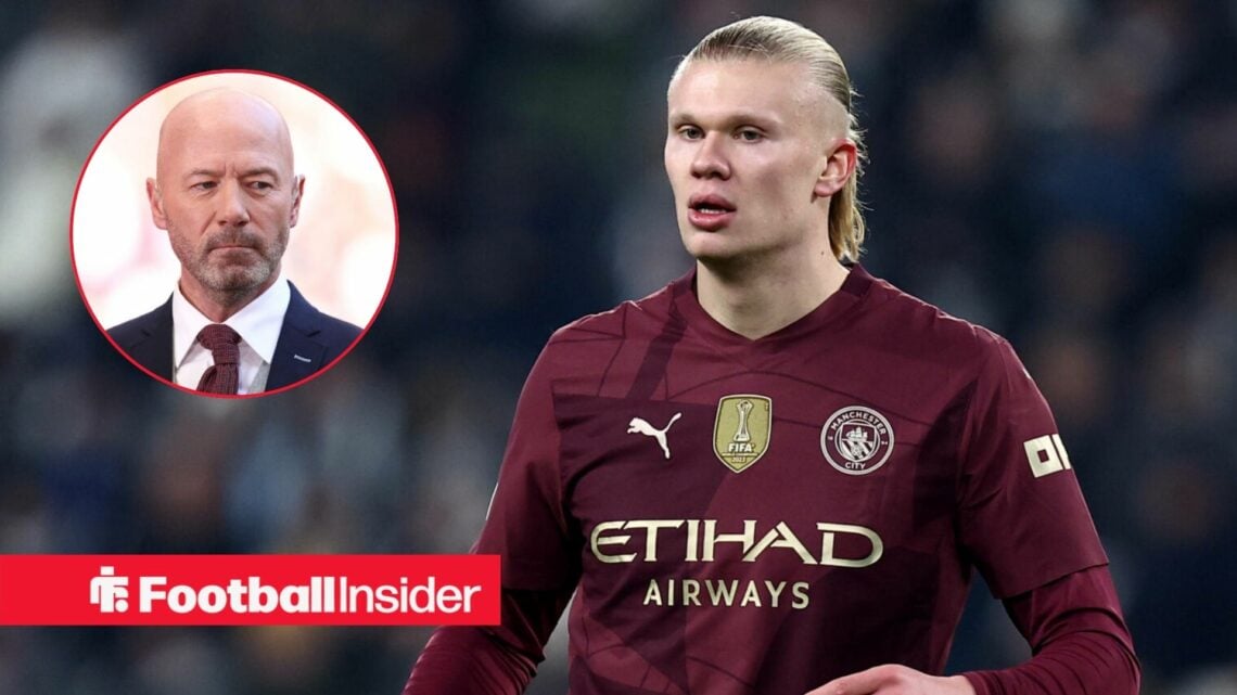 Erling Haaland next to a circular inset of Alan Shearer