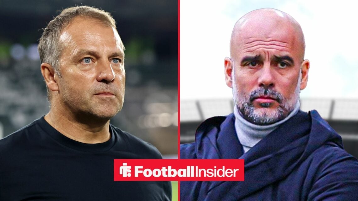 Hansi Flick looking serious alongside Pep Guardiola looking frustrated