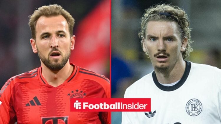 Harry Kane in action for Bayern Munich, with Nick Woltemade in action for Germany