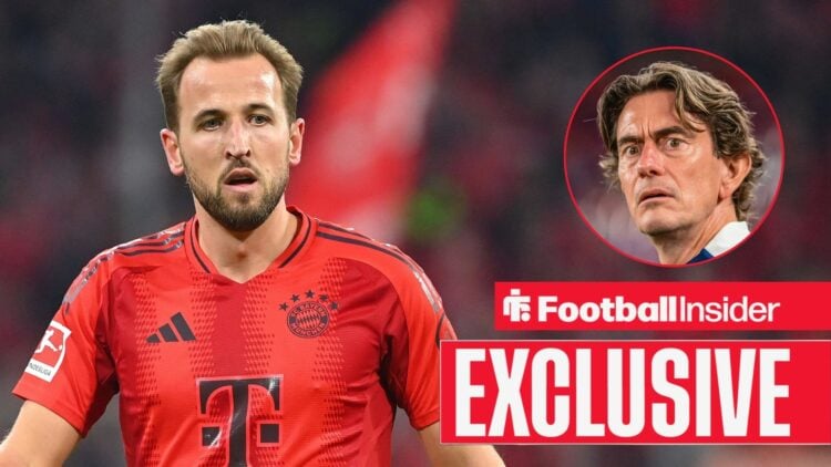 Harry Kane looking focused with a scared Thomas Frank on the right