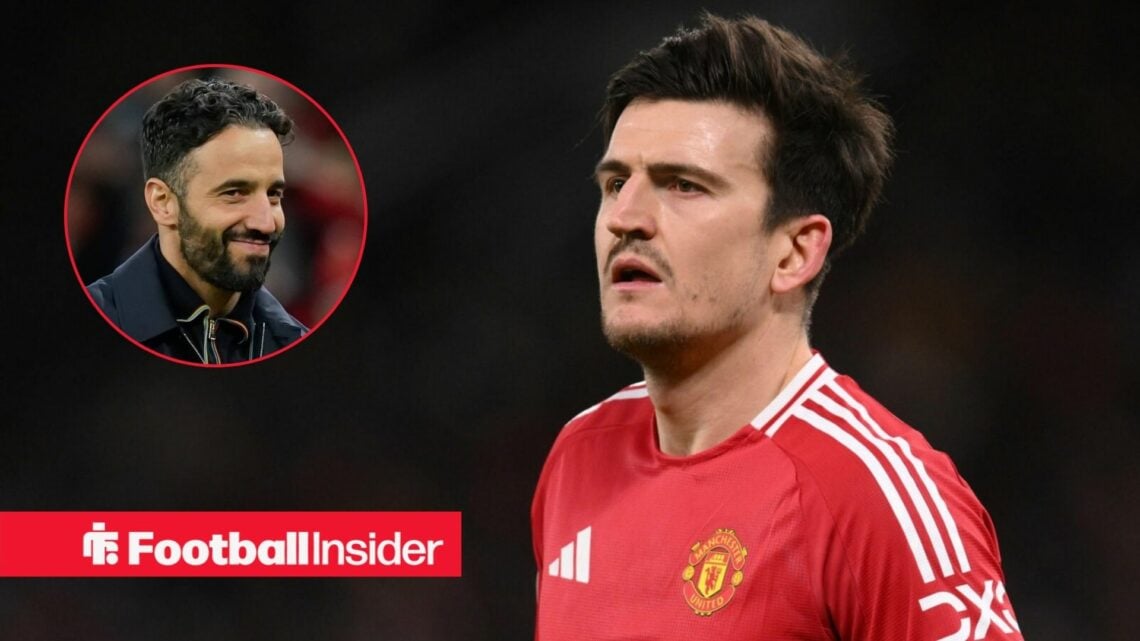Harry Maguire in action for Man United, with Ruben Amorim in a circular inset