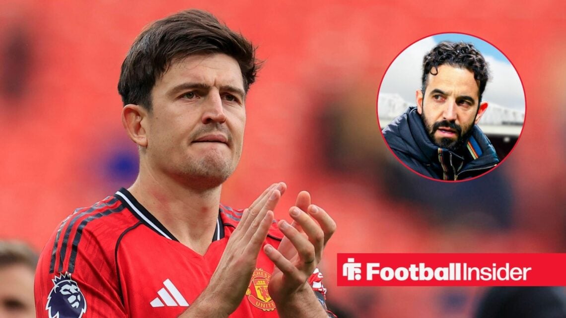 Harry Maguire applauding at Man United, with Ruben Amorim in a circular inset