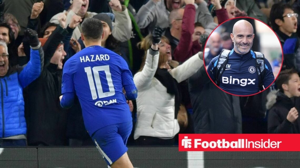 Eden Hazard celebrates with Enzo Maresca inset