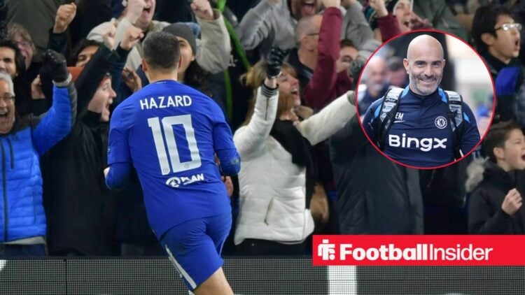Eden Hazard celebrates with Enzo Maresca inset