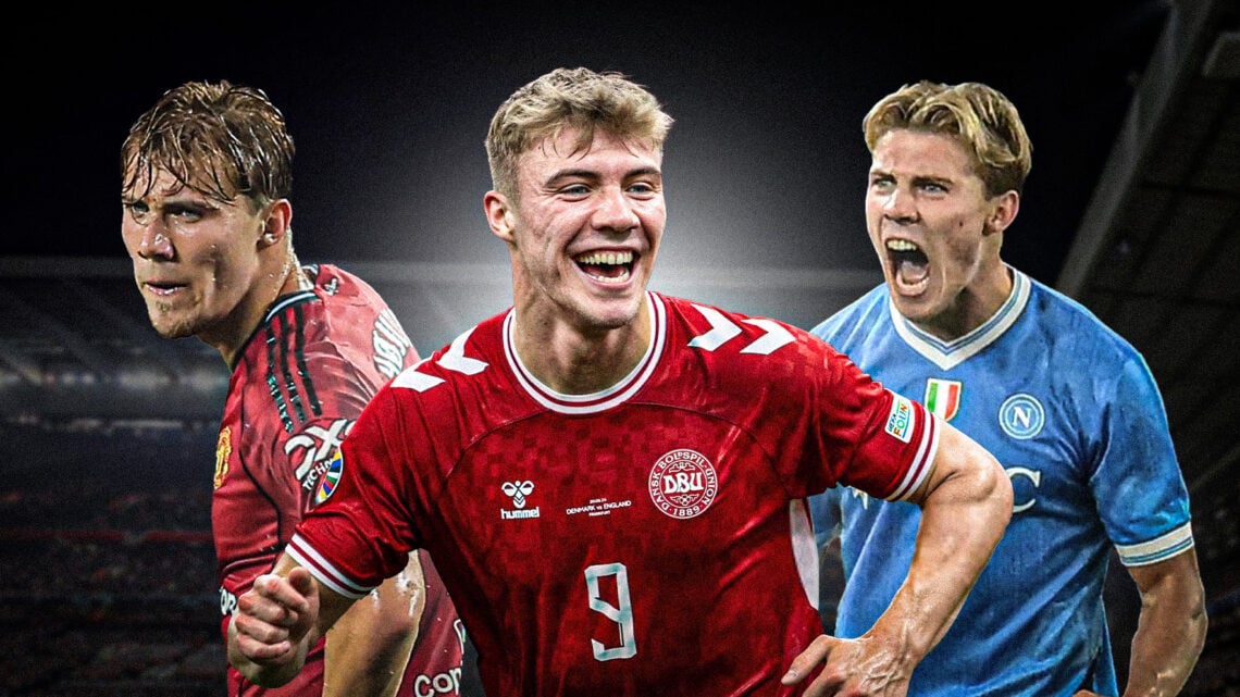 Three different images of Hojlund - one for Man Utd, one for Denmark, and one for Napoli.