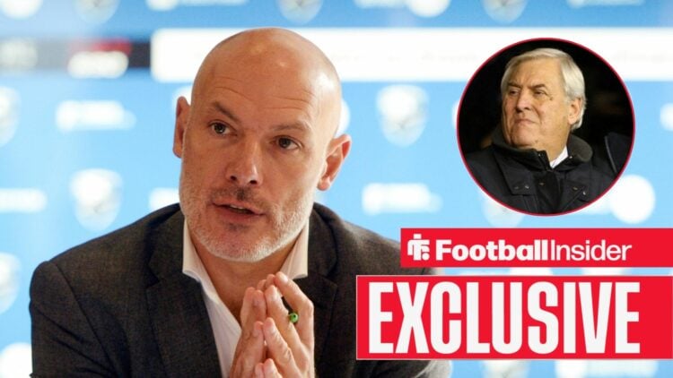 Howard Webb at a press conference alongside an image of Keith Hackett in a circular frame
