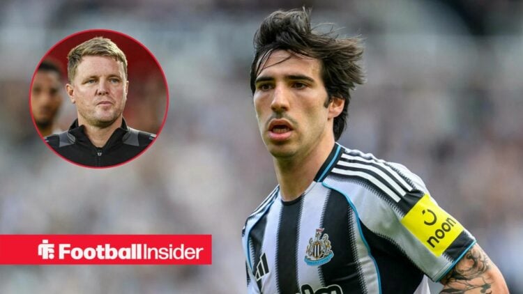 Sandro Tonali next to a circular inset of Eddie Howe