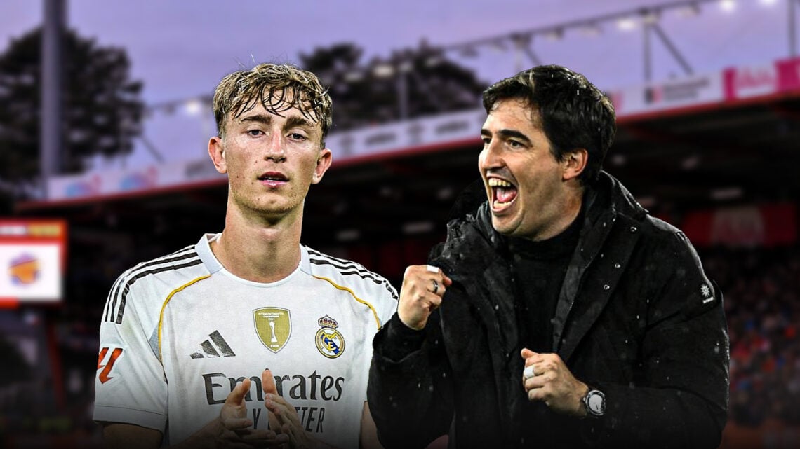 Andoni Iraola next to Dean Huijsen in a Real Madrid shirt