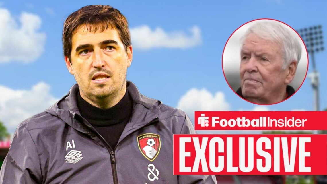 Andoni Iraola next to a circular inset of Bill Foley