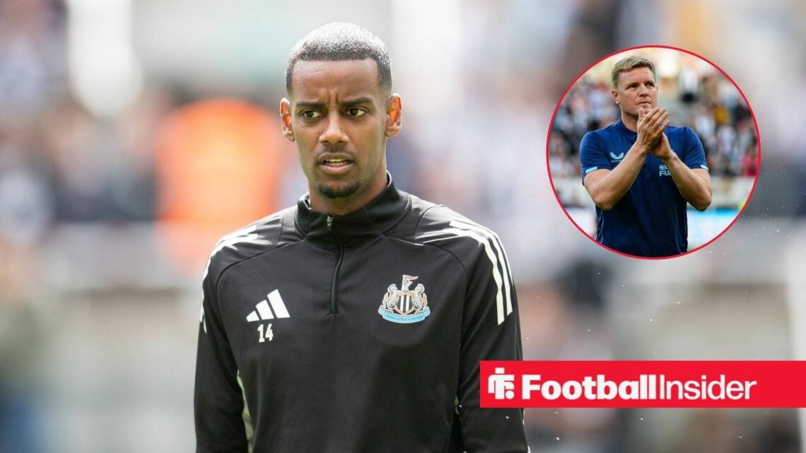 Alexander Isak looks on with Eddie Howe inset