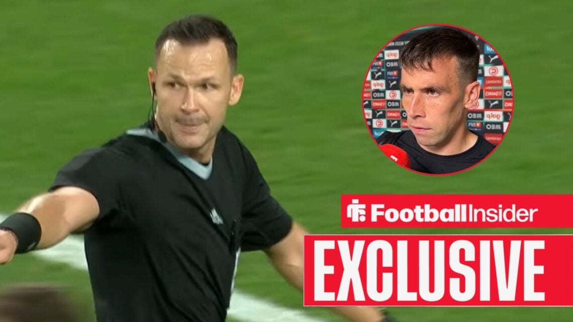Referee Ivan Krusliak with Ireland's Seamus Coleman being interviewed right inset