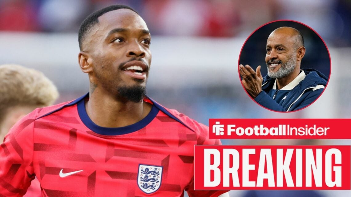 Ivan Toney in a warm-up for England, with Nuno Espirito Santo in a circular inset