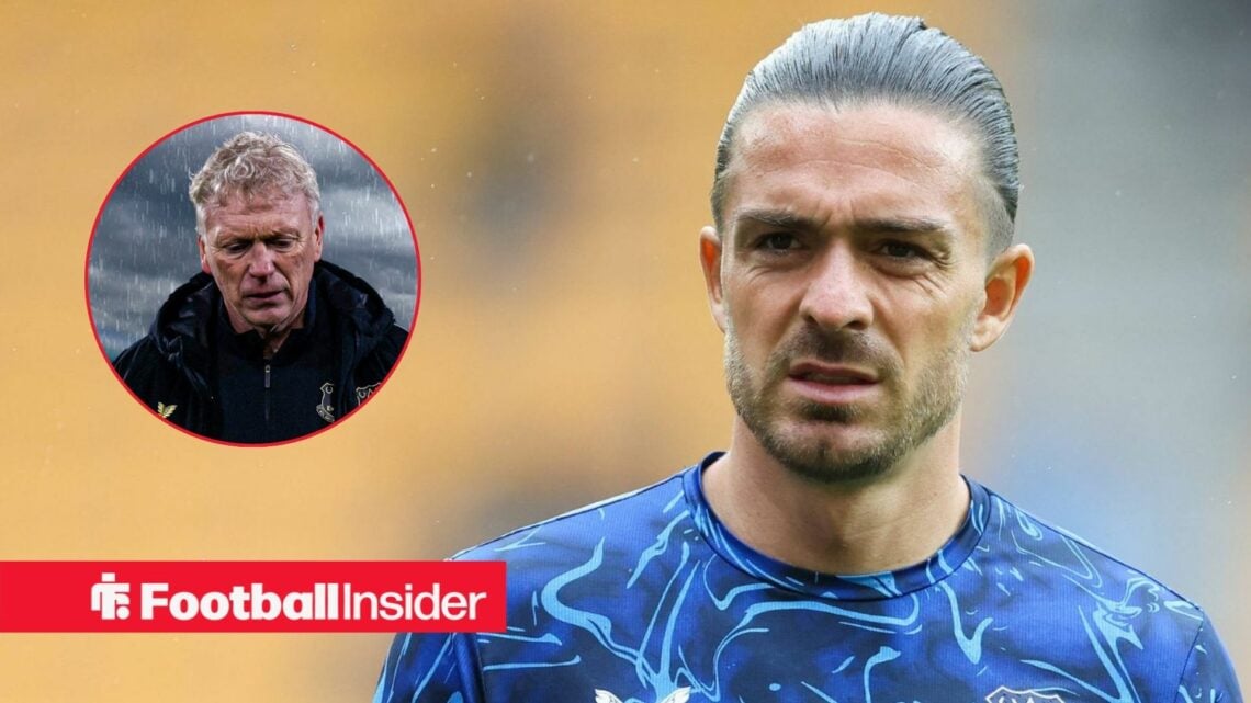 Everton's Jack Grealish with manager David Moyes left inset looking upset