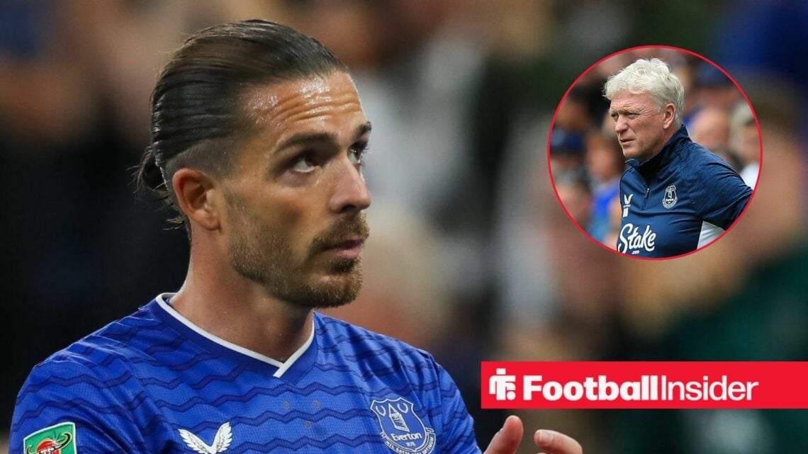 Jack Grealish in an Everton shirt alongside an image of David Moyes in a circular frame