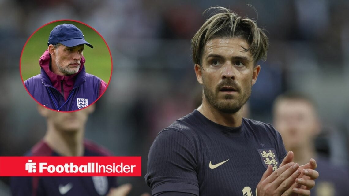 Jack Grealish applauding in an England kit, with Thomas Tuchel in a circular inset