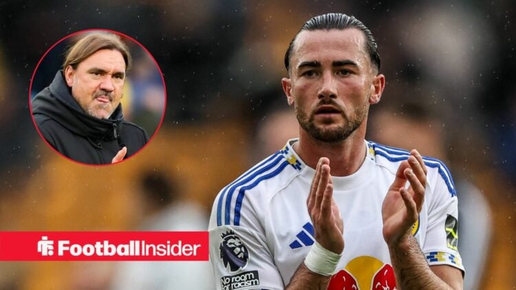 Jack Harrison applauding the Leeds fans, with Daniel Farke in a circular inset