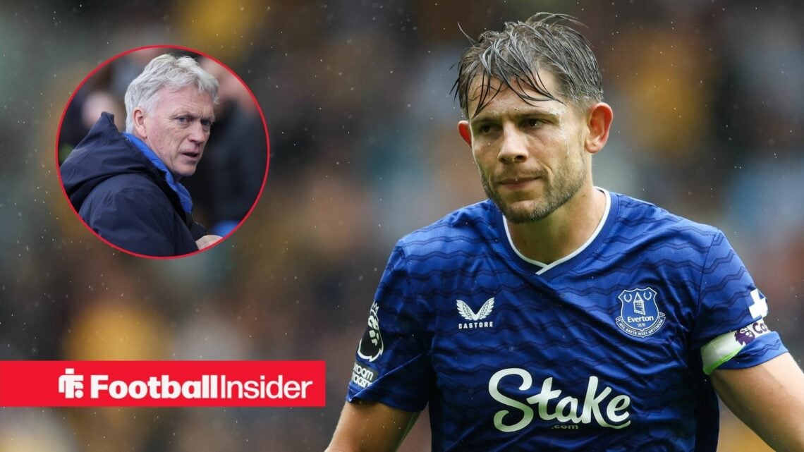 James Tarkowski playing for Everton, David Moyes in a circular inset