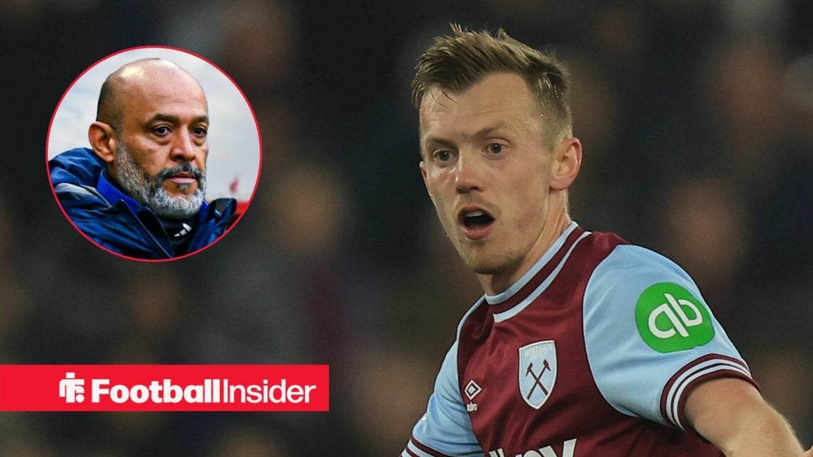 James Ward-Prowse in action for West Ham, with Nuno Espirito Santo in a circular inset