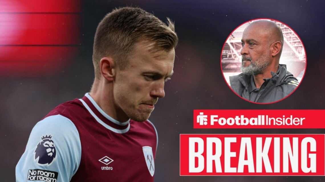 James Ward-Prowse in action for West Ham, with Nuno Espirito Santo in a circular inset