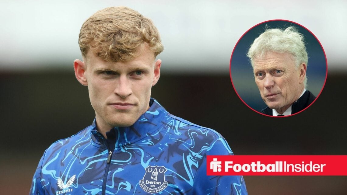 Everton defender Jarrad Branthwaite staring on the left at David Moyes looking focused on the right