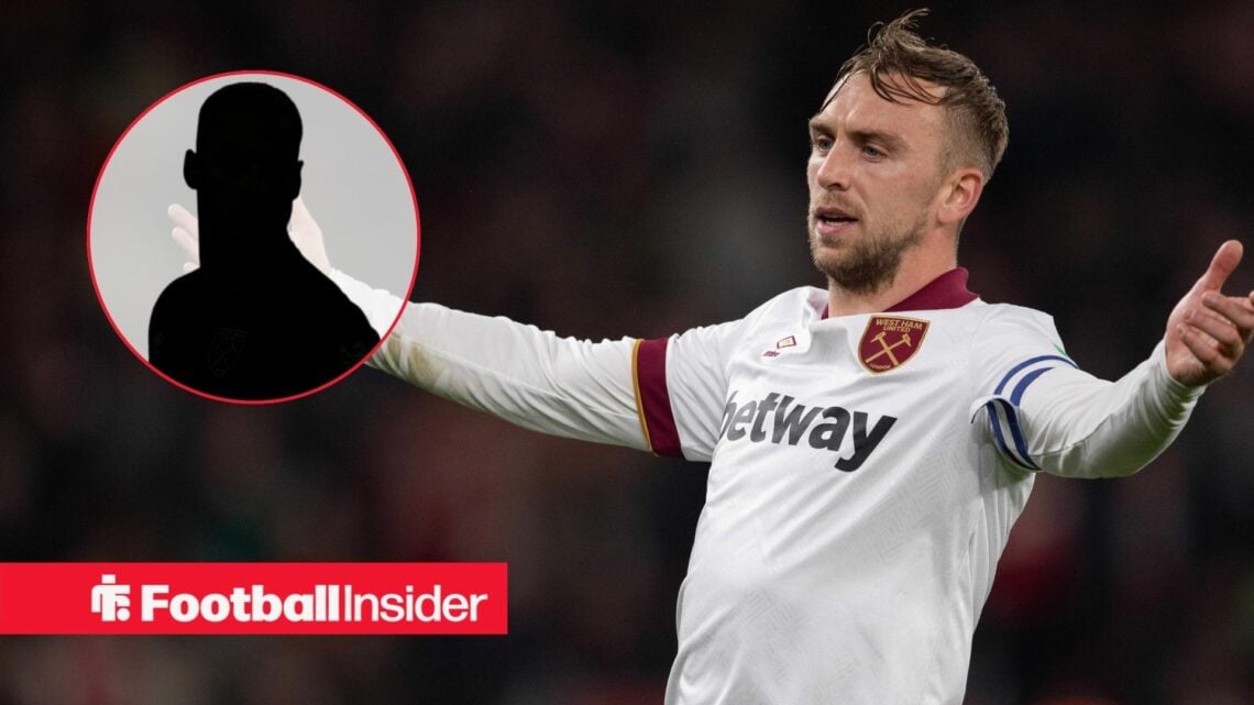 Jarrod Bowen with his hands in the air, Marko Arnautovic's silhouette in a circular inset