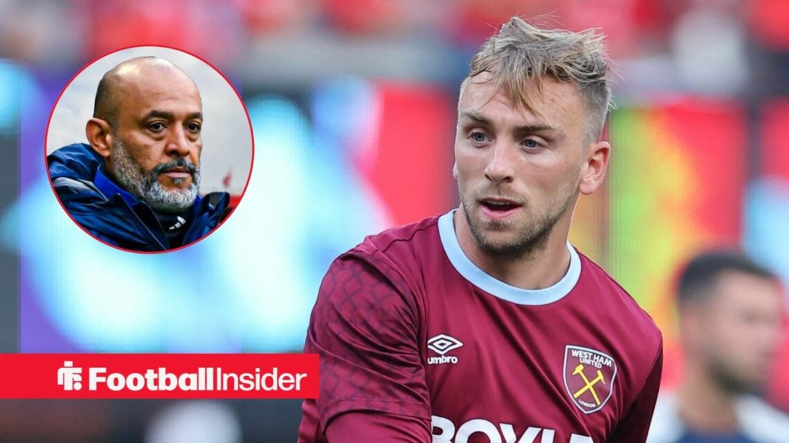 Jarrod Bowen in action for West Ham, with Nuno Espirito Santo in a circular inset