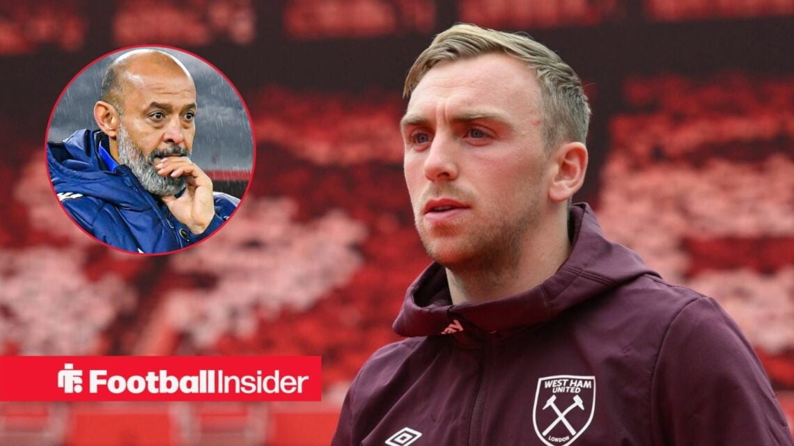 Jarrod Bowen pre-match with West Ham, with Nuno Espirito Santo in a circular inset