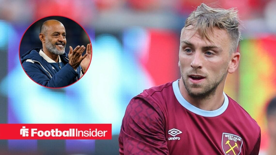 Jarrod Bowen playing for West Ham, Nuno Espirito Santo in a circular inset