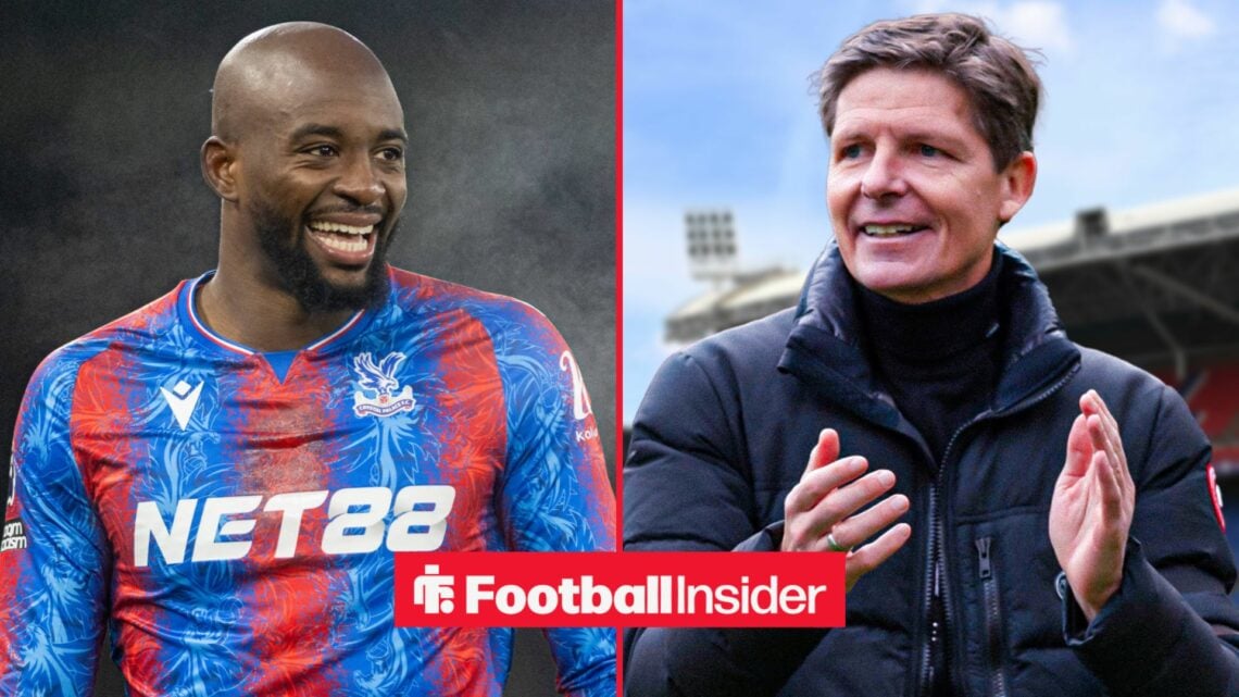 Jean-Philippe Mateta smiling at Crystal Palace, with Oliver Glasner celebrating at Selhurst Park