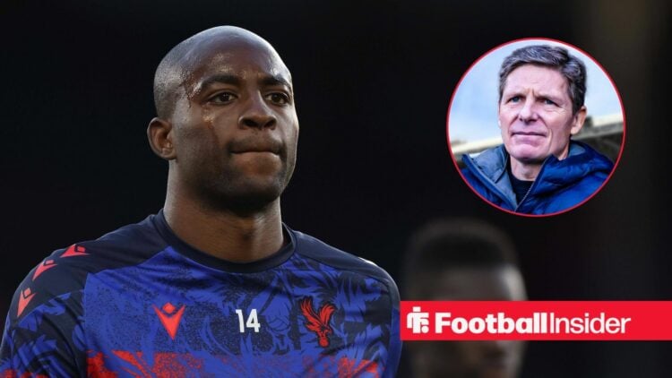 Jean-Philippe Mateta in a warm-up for Crystal Palace, with Oliver Glasner in a circular inset