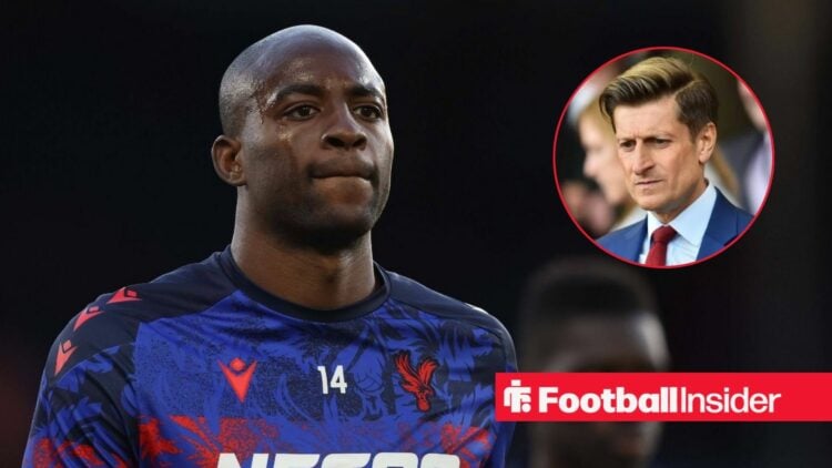 Jean-Philippe Mateta in a warm-up for Crystal Palace, with Steve Parish in a circular inset