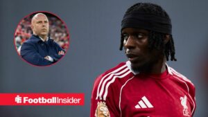 Jeremie Frimpong playing for Liverpool, Arne Slot in a circular inset