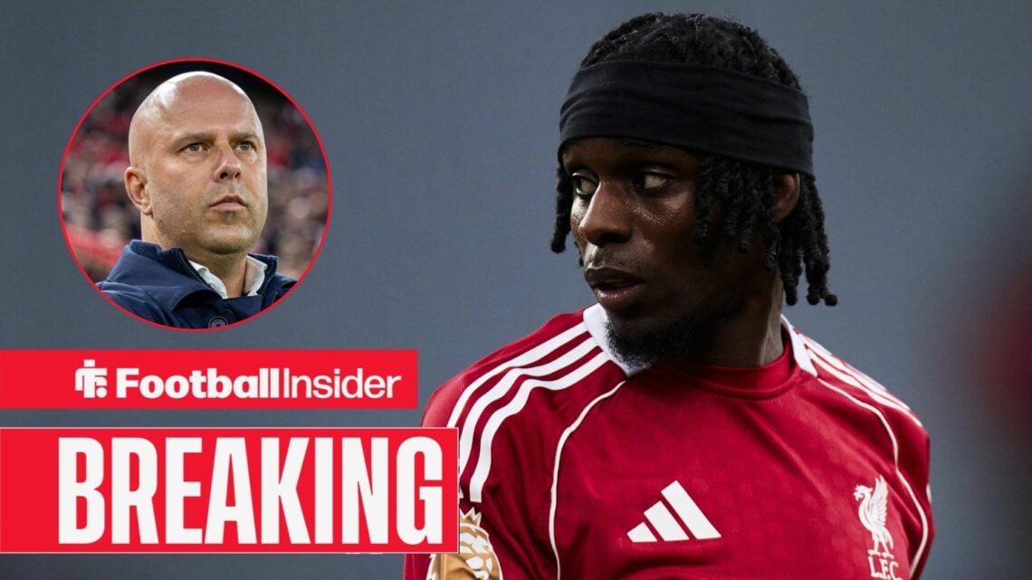 Liverpool right-back Jeremie Frimpong alongside a circular inset of Arne Slot