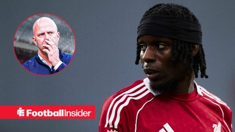Liverpool defender Jeremie Frimpong alongside a circular inset of Liverpool manager Arne Slot