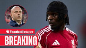 Liverpool right-back Jeremie Frimpong alongside a circular inset of Arne Slot