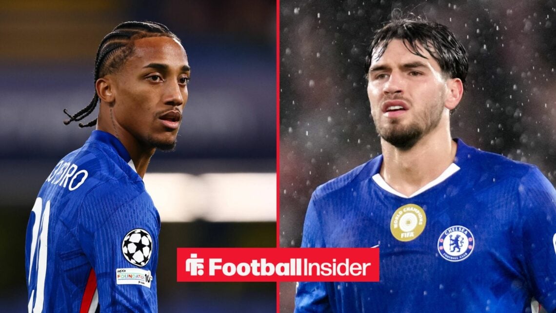 Joao Pedro looking focused on the left with Marc Guiu grimacing on the right for Chelsea