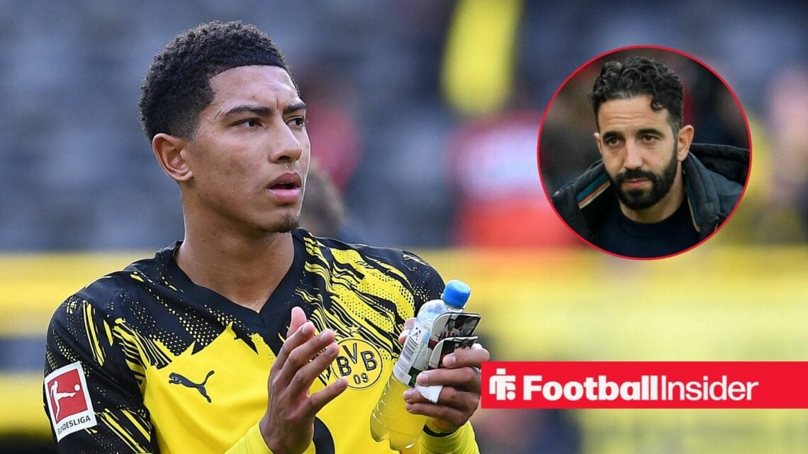 Jobe Bellingham applauding Borussia Dortmund fans, with Ruben Amorim in a circular inset
