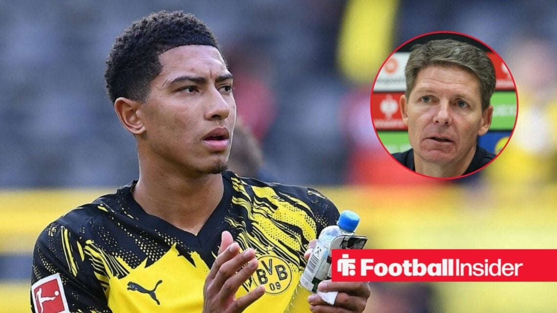 Jobe Bellingham applauding at Borussia Dortmund, with Oliver Glasner in a circular inset