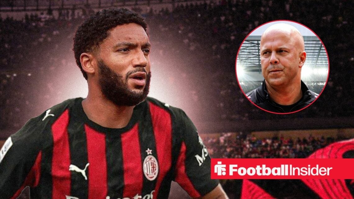 Joe Gomez in an AC Milan shirt, with Arne Slot in a circular inset