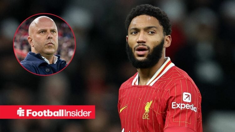 Joe Gomez in action for Liverpool, with Arne Slot in a circular inset