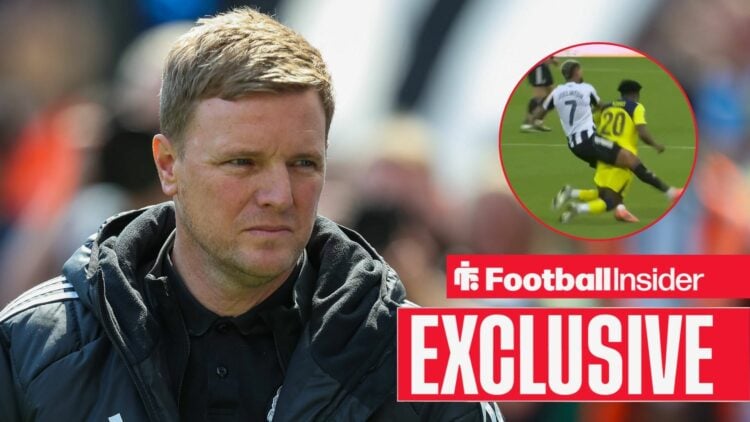 Eddie Howe, Joelinton's challenge on Mohammed Kudus in a circular inset