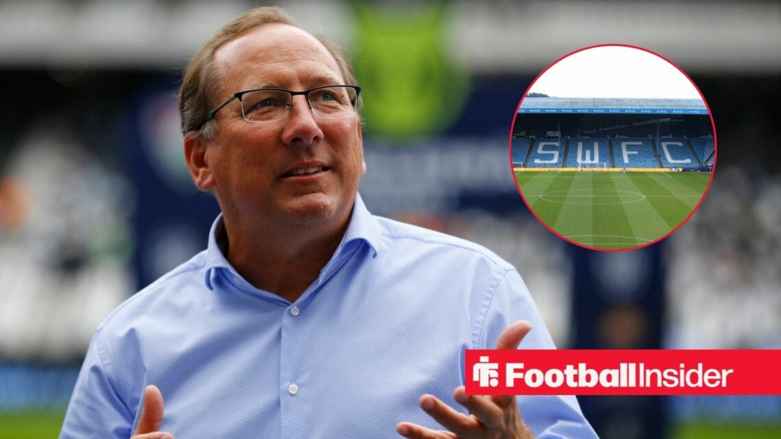 John Textor looking surprised with Hillsborough Stadium included in a circular inset