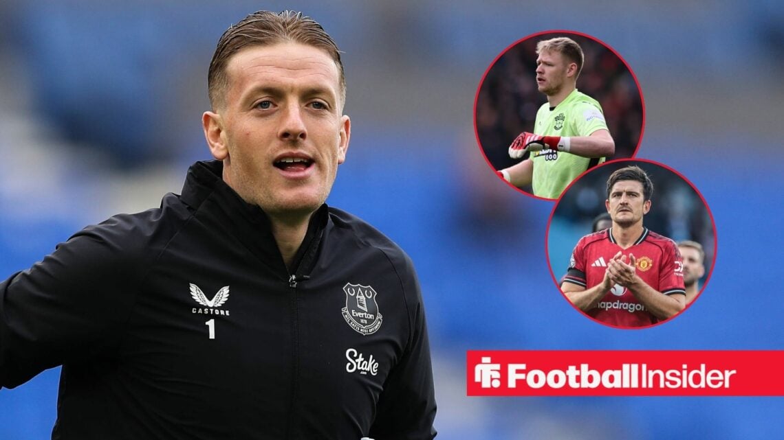 Jordan Pickford playing for Everton, Aaron Ramsdale and Harry Maguire in circular insets