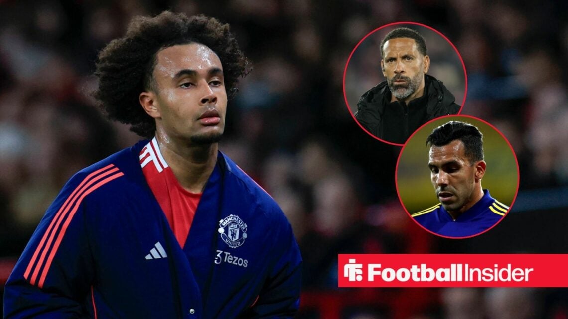 Joshua Zirkzee in a Man United training kit, Rio Ferdinand and Carlos Tevez in circular insets