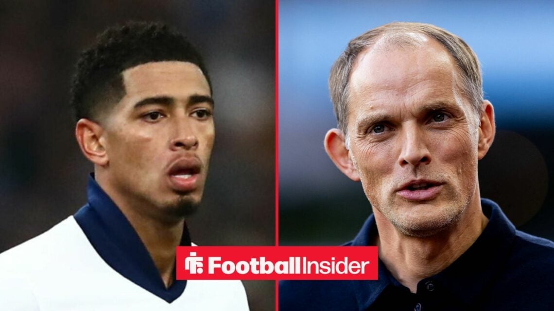 Jude Bellingham in action for England, with Thomas Tuchel on the sidelines